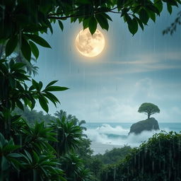 A serene and peaceful forest scene in the rain, capturing the scent of wet sandalwood