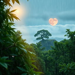 A serene and peaceful forest scene in the rain, capturing the scent of wet sandalwood