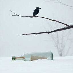 A minimalist winter scene featuring a tree branch extending halfway into the frame with an old crow perched on it