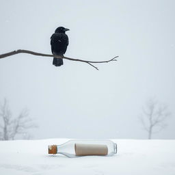 A minimalist winter scene featuring a tree branch extending halfway into the frame with an old crow perched on it