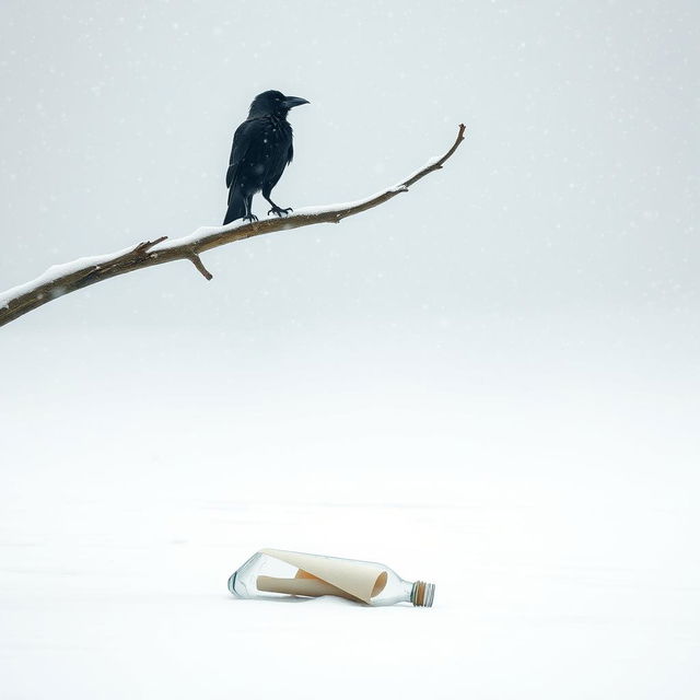 A minimalist winter scene featuring a tree branch extending halfway into the frame with an old crow perched on it