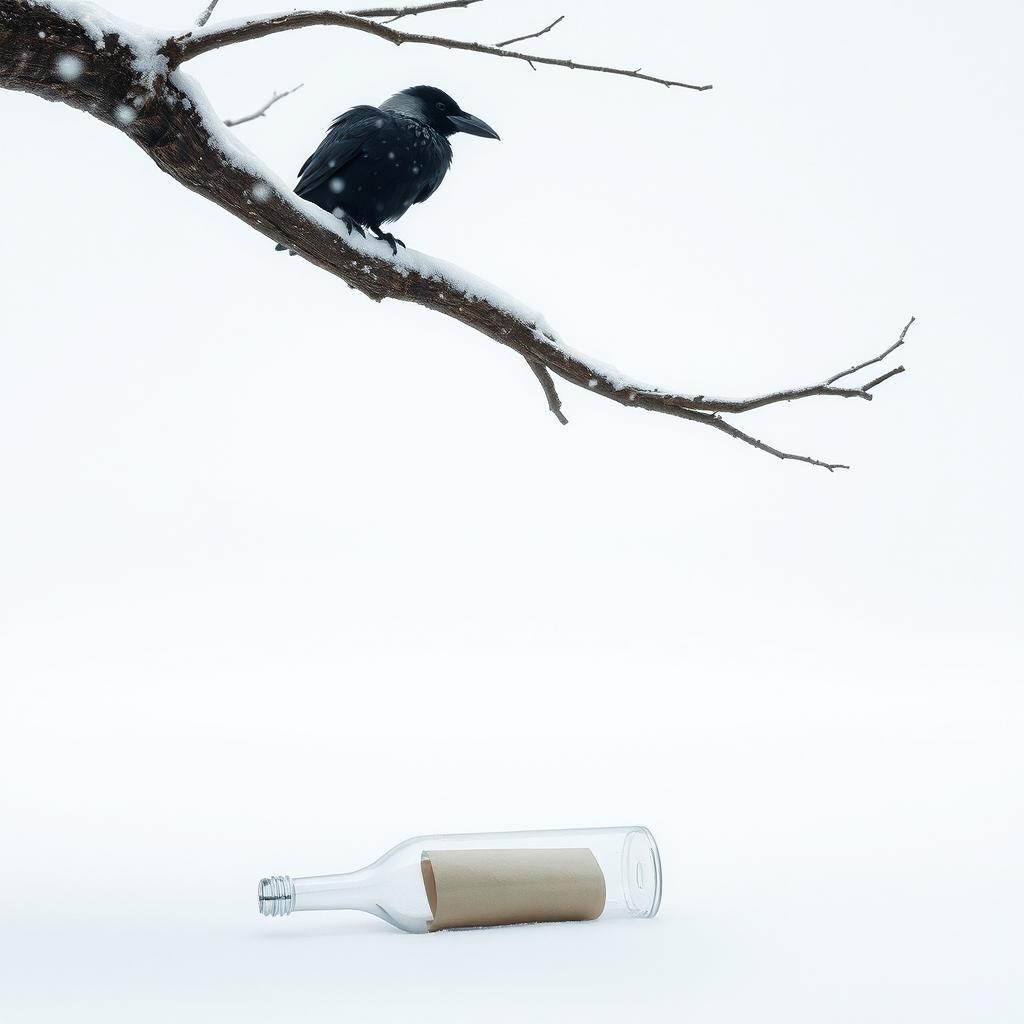 A minimalist winter scene featuring a tree branch extending halfway into the frame with an old crow perched on it