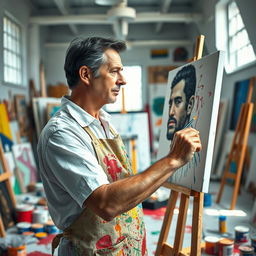 A surreal scene featuring a middle-aged man standing in a spacious art studio, intently painting a self-portrait on a large canvas