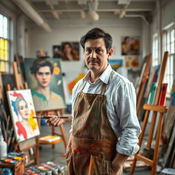 A surreal scene featuring a middle-aged man standing in a spacious art studio, intently painting a self-portrait on a large canvas