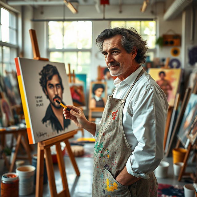 A surreal scene featuring a middle-aged man standing in a spacious art studio, intently painting a self-portrait on a large canvas