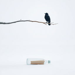 A minimalist winter scene featuring a tree branch extending halfway into the frame from the outside, with an old crow perched on it