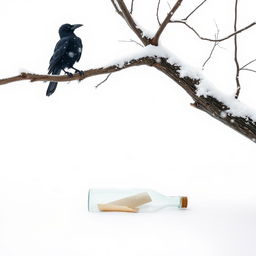A minimalist winter scene featuring a tree branch extending halfway into the frame from the outside, with an old crow perched on it