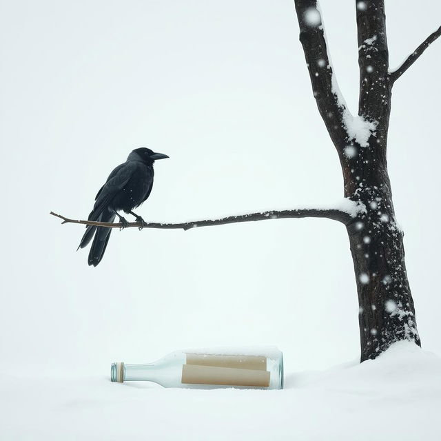 A minimalist winter scene featuring a tree branch extending halfway into the frame from the outside, with an old crow perched on it