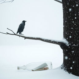 A minimalist winter scene featuring a tree branch extending halfway into the frame from the outside, with an old crow perched on it