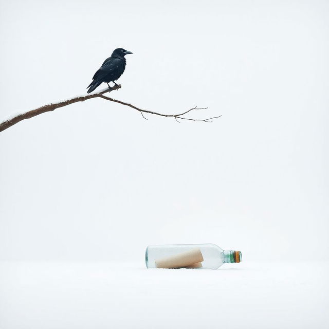 A minimalist art scene depicting a tree branch extending halfway into the frame with an old crow sitting on it