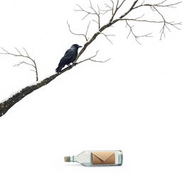 A minimalist art scene depicting a tree branch extending halfway into the frame with an old crow sitting on it
