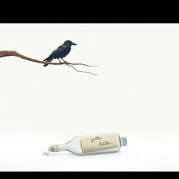 A minimalist art scene depicting a tree branch extending halfway into the frame with an old crow sitting on it