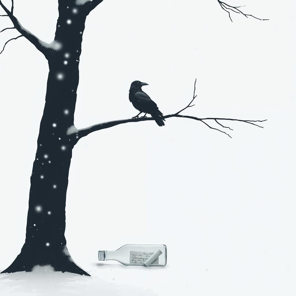 A minimalist art scene depicting a tree branch extending halfway into the frame with an old crow sitting on it