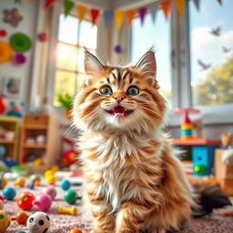 A cute, fluffy cat with a big smile, its eyes sparkling with joy