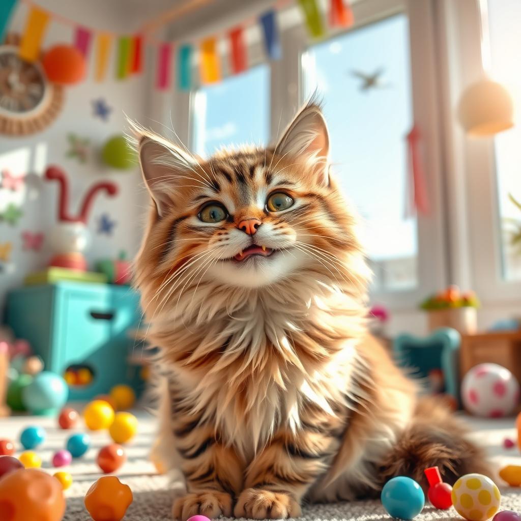 A cute, fluffy cat with a big smile, its eyes sparkling with joy