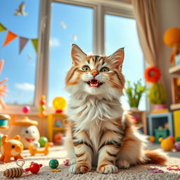 A cute, fluffy cat with a big smile, its eyes sparkling with joy
