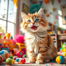 A cute, fluffy cat with a big smile, its eyes sparkling with joy