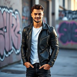 A handsome male model with chiseled features and a confident smile, wearing a stylish outfit consisting of a fitted leather jacket, a plain white t-shirt, and dark jeans