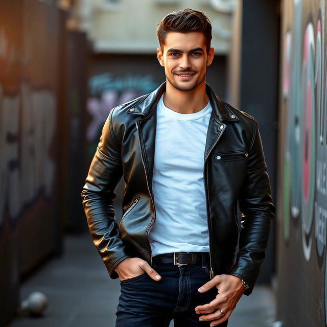 A handsome male model with chiseled features and a confident smile, wearing a stylish outfit consisting of a fitted leather jacket, a plain white t-shirt, and dark jeans