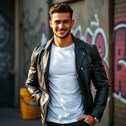 A handsome male model with chiseled features and a confident smile, wearing a stylish outfit consisting of a fitted leather jacket, a plain white t-shirt, and dark jeans