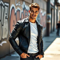 A handsome male model with chiseled features and a confident smile, wearing a stylish outfit consisting of a fitted leather jacket, a plain white t-shirt, and dark jeans