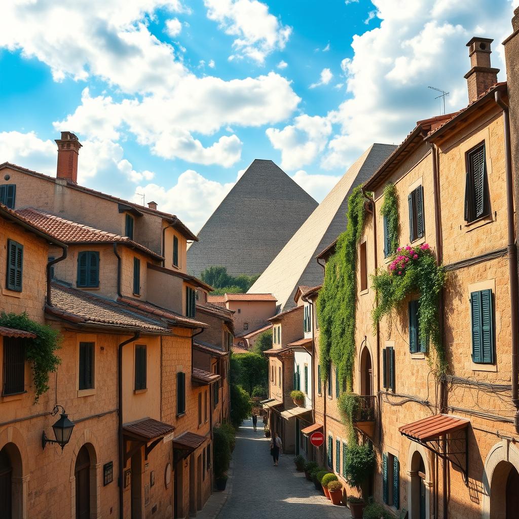 A stunning landscape featuring a blend of ancient Italian architecture, such as rustic stone buildings, narrow cobblestone streets, and terracotta rooftops, seamlessly integrated with a grand pyramid structure made of smooth sandstone