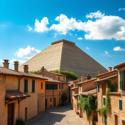 A stunning landscape featuring a blend of ancient Italian architecture, such as rustic stone buildings, narrow cobblestone streets, and terracotta rooftops, seamlessly integrated with a grand pyramid structure made of smooth sandstone