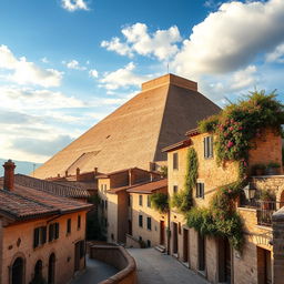 A stunning landscape featuring a blend of ancient Italian architecture, such as rustic stone buildings, narrow cobblestone streets, and terracotta rooftops, seamlessly integrated with a grand pyramid structure made of smooth sandstone