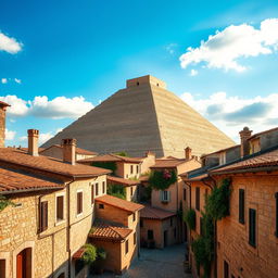 A stunning landscape featuring a blend of ancient Italian architecture, such as rustic stone buildings, narrow cobblestone streets, and terracotta rooftops, seamlessly integrated with a grand pyramid structure made of smooth sandstone