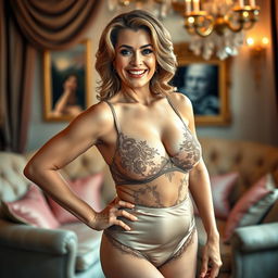 A mature, sexy woman confidently posing in elegant lingerie, showcasing her curves