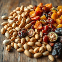 A beautifully arranged assortment of golden nuts, including almonds, cashews, and pistachios, alongside a variety of dried fruits like apricots, figs, and dates