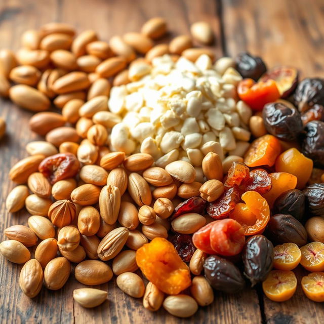 A beautifully arranged assortment of golden nuts, including almonds, cashews, and pistachios, alongside a variety of dried fruits like apricots, figs, and dates