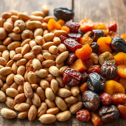 A beautifully arranged assortment of golden nuts, including almonds, cashews, and pistachios, alongside a variety of dried fruits like apricots, figs, and dates
