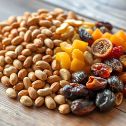 A beautifully arranged assortment of golden nuts, including almonds, cashews, and pistachios, alongside a variety of dried fruits like apricots, figs, and dates