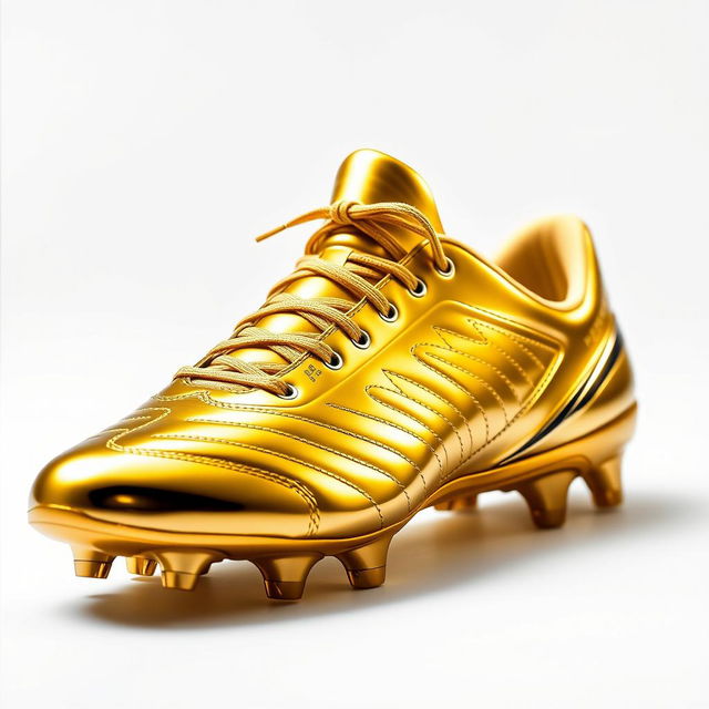 A stunning golden football shoe designed for a sports shoe online shop, showcasing its sleek and modern design