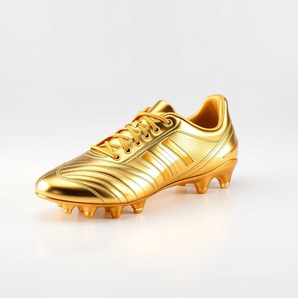 A stunning golden football shoe designed for a sports shoe online shop, showcasing its sleek and modern design