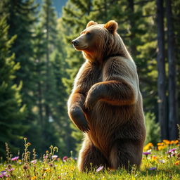 A majestic, powerful brown bear standing on its hind legs in a lush green forest