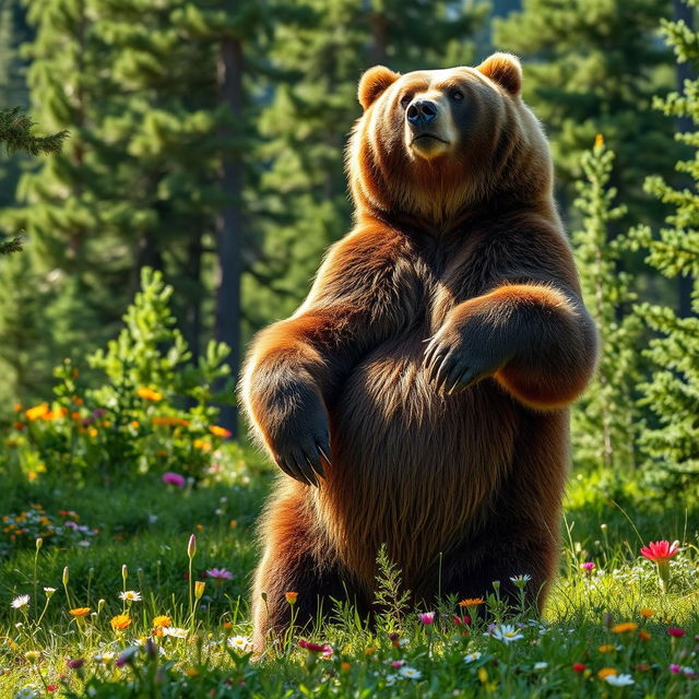 A majestic, powerful brown bear standing on its hind legs in a lush green forest