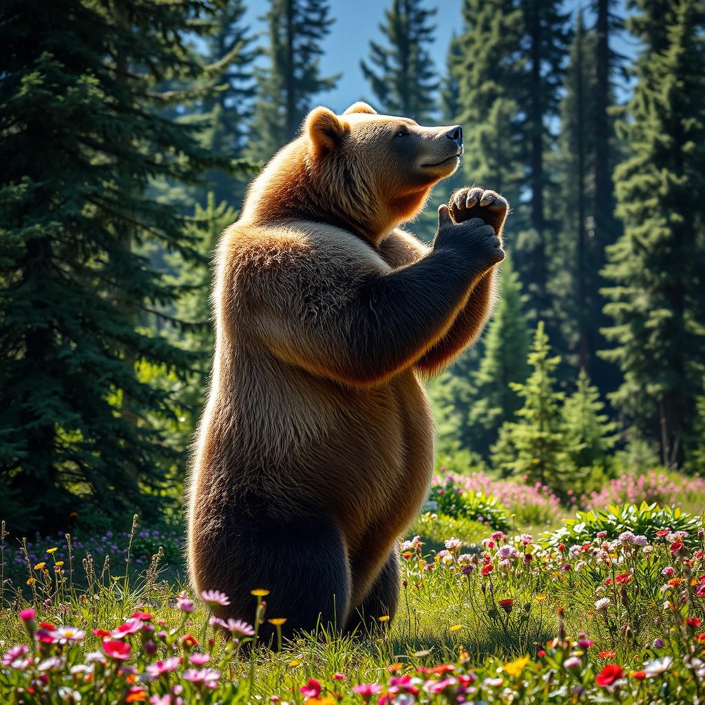 A majestic, powerful brown bear standing on its hind legs in a lush green forest