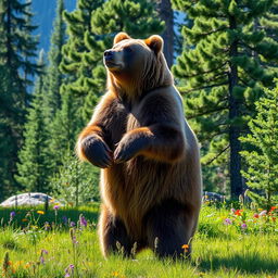 A majestic, powerful brown bear standing on its hind legs in a lush green forest