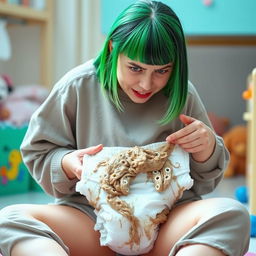 Billie Eilish, with her iconic green and black hair, dressed in a casual oversized outfit, looking extremely grossed out as she struggles to change a very dirty diaper