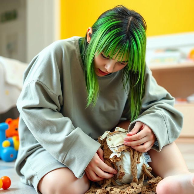 Billie Eilish, with her iconic green and black hair, dressed in a casual oversized outfit, looking extremely grossed out as she struggles to change a very dirty diaper