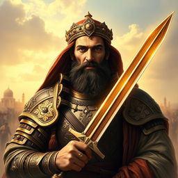Imam Ali holding the Zulfiqar sword, depicted with a radiant face and an imposing warrior demeanor