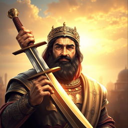 Imam Ali holding the Zulfiqar sword, depicted with a radiant face and an imposing warrior demeanor