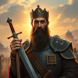 Imam Ali holding the Zulfiqar sword, depicted with a radiant face and an imposing warrior demeanor