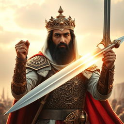 Imam Ali wielding the Zulfiqar sword, portrayed with a completely luminous face and an awe-inspiring warrior presence