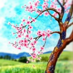 A beautiful watercolor painting of a cherry blossom tree in full bloom, showcasing delicate pink blossoms against a clear blue sky