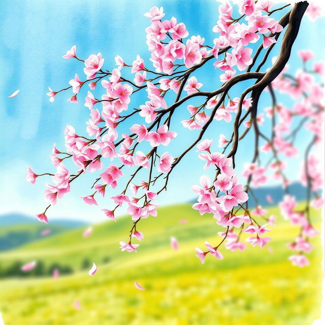 A beautiful watercolor painting of a cherry blossom tree in full bloom, showcasing delicate pink blossoms against a clear blue sky