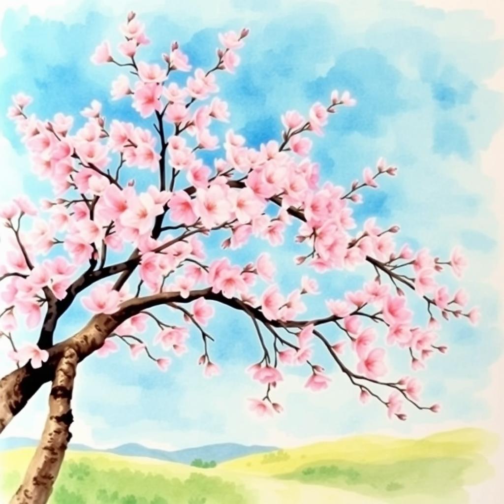 A beautiful watercolor painting of a cherry blossom tree in full bloom, showcasing delicate pink blossoms against a clear blue sky