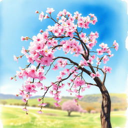 A beautiful watercolor painting of a cherry blossom tree in full bloom, showcasing delicate pink blossoms against a clear blue sky